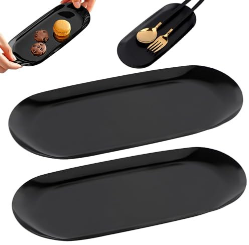 2 Stück Tablett Schwarz,Dekotablett Schmuck Deko Tablett Länglich Tablett Ovale Ablageschale Edelstahl Buffet Platte Schmuck Organizer Buffet Teller für Kosmetik Dessert Kerzen