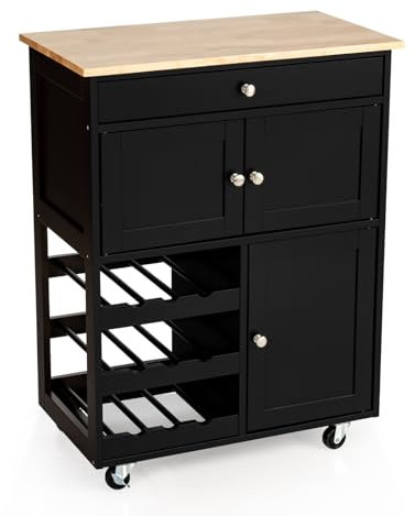 COSTWAY Kitchen Serving Trolley, Rolling Storage Island Cart with Drawer, 3 Tier Wine Racks, 2 Cabinets, Rubber Wood Tabletop & Wheels, Utility Storage Cabinet for Home Office Restaurant (Black)