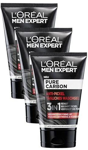 L'Oréal Men Expert Waschgel für das Gesicht, Anti-Pickel Gesichtsreinigung für Männer, Mit vulkanischem Mineral und Vitamin B3, Pure Carbon, 1 x 100 ml (Packung mit 3)