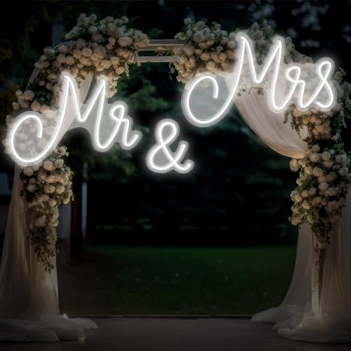 Kittmip Mr and Mrs Enseigne au néon pour mariage, 140 x 40 cm, lumière néon, fond LED, décoration murale, USB, décoration de réception de mariage, cadeaux d'anniversaire, fiançailles