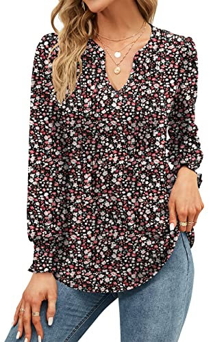 EFFAN Ladies for Her Long Sleeve V Neck The Holiday Elegant Xmas Floaty Womens Tunic Tops, Black red Floral XL (UK 18-20)