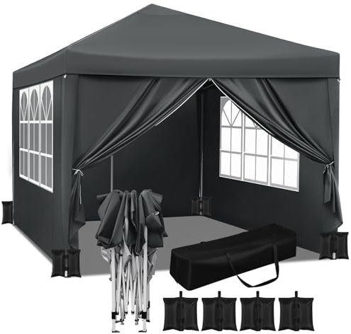 WOLTU Pavillon mit 4 Seitenteilen und 4 Sandsäcke, Faltpavillon 3x3m, Gartenpavillon wasserfest stabil UV-Schutz, Pop Up Partyzelt Outdoor, höhenverstellbar, mit Tragetasche, Anthrazit