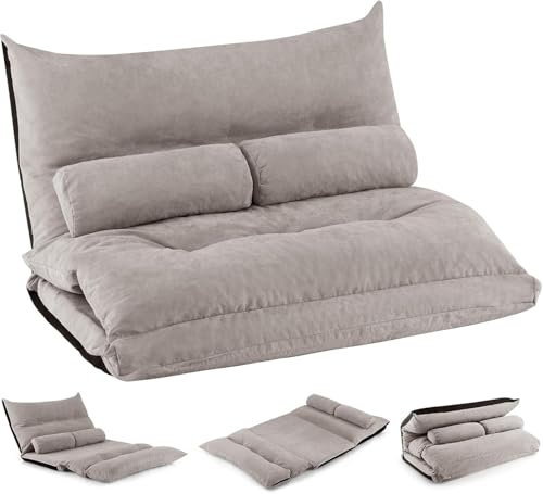 COSTWAY Schlafsofa Faultier, faltbar, Schlafsofa mit Rückenlehne, verstellbar in 42 Positionen, Sessel mit 2 Kissen, Sofa für Wohnzimmer, Schlafzimmer, Balkon, Grau