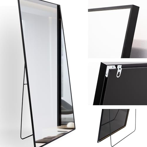 Rechteckiger großer Ganzkörper Standspiegel 80x180cm, eingefasst im edlen schwarzen Aluminium Rahmen - kristallklare Spiegelung mit High-Definition-Glas - für Schlafzimmer, Bad, Flur, Wohnzimmer