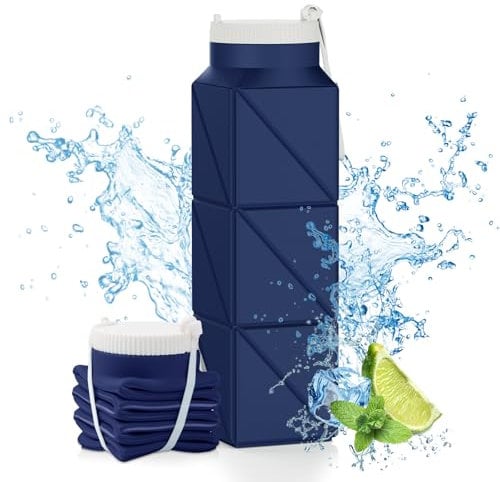 Popdigito Faltbare Wasserflasche, BPA-frei, wiederverwendbar, leicht, auslaufsicher, Silikon, für Reisen, Wandern, Büro, Camping, Outdoor-Sport, Dunkelblau, 610 ml