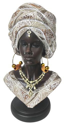SIGNES GRIMALT Statue Büste Afrika auf Sockel, Schmuck, traditionelles Outfit und Kopfschmuck, 100 % Harz, Kollektion Daka, Höhe 27 cm