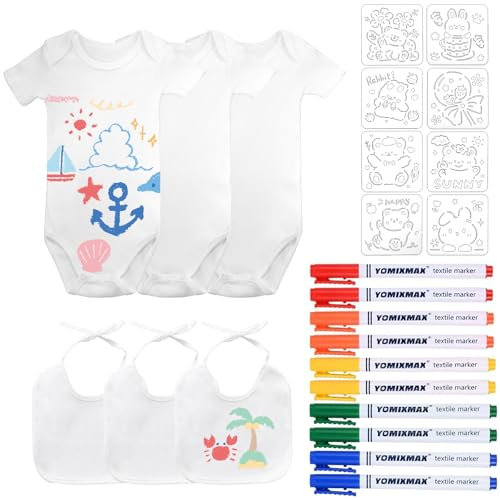 KingYH 3 Stück Lätzchen zum Bemalen DIY Weiße Baby Lätzchen Set Baumwolle Halstuch 3 Stück Kurzarmbody 40x21cm mit 10 Textilstiften und 8 Malen Schablonen für 9 Monate Junge Mädchen Babyshower Deko