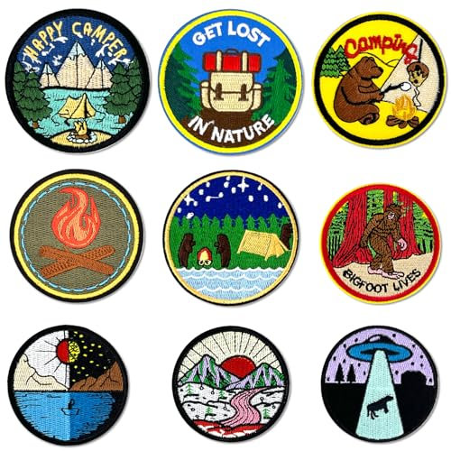 makstore 9PCS Round Patches Kit, Iron on Sew on Camp Adventure Patch for Backpacks, Bags, Clothing