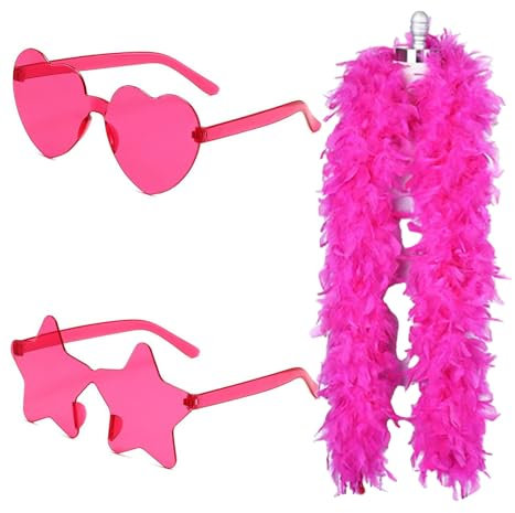 GIEEU Boa in piume rosa con occhiali a forma di stelle e occhiali da sole a forma di cuore, per travestimento, festa a tema, carnevale, cosplay, Halloween, matrimonio, danza (200 cm), Rosa, Taglia