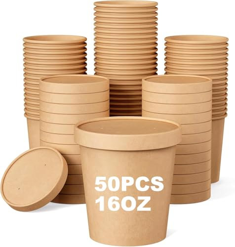 Bhina 50 Stück 460ml Einweg Suppenbecher mit Deckel, Suppenbecher To Go, Speisebecher Pappe Eisbecher, Suppenbecher für Mitnehmen, Eiscreme, Suppe Lebensmittel, Tiefkühlkost, (Brauner Deckel)