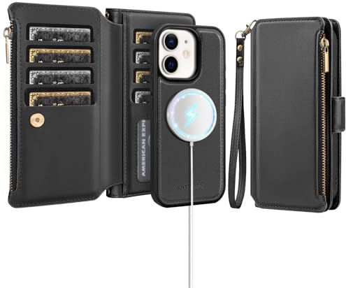 Antsturdy Compatible with MagSafe iPhone 11 Wallet Case,Black | Detachable Magnetic Credit Card Holder,RFID Blocking,PU Leather Zipper Purse,Wrist Strap Kickstand,Flip Phone Cover for Women