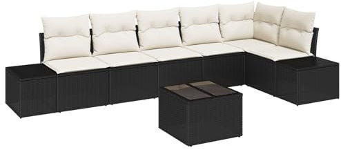 vidaXL 6-teiliges Garten Sofa Set mit Kissen Schwarz und Creme Poly Rattan Outdoormöbel Bequeme Sitzgelegenheiten für Erwachsene Perfektes Patio Balkon oder modulares Sofa Ecksofa Tisch