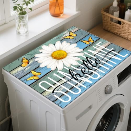 GLOBLELAND Daisy Washer Dryer Dust Cover 23.6×19.7inch Flower Washing Machine Top Protector Pads Non Slip Washing Machine Top Covers for Laundry Room Living Room Table