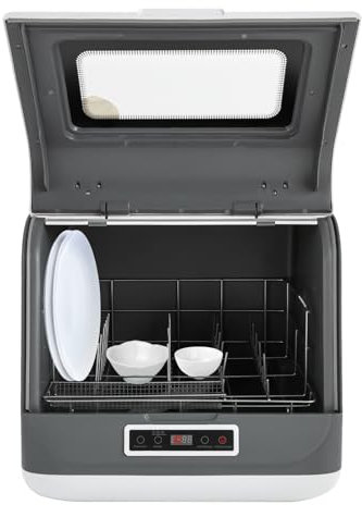 Tischgeschirrspüle,Mini-Geschirrspüler mit 3 Programme, mit Wasseranschluss Verwendbar,Auto-Trocknung, LED-Display,Mini Spülmaschine für Büro,Camping,Wohnmobil (Weiß+Grau)