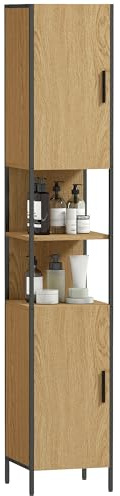 HOMCOM Tall Bathroom Cabinet, Slim Bathroom Storage Cabinet with 2 Doors, Open Compartments and Adjustable Shelves, Freestanding Storage Cupboard, 33 x 33 x 185 cm, Natural Wood Finish