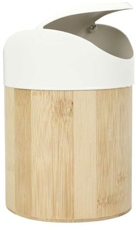 HowHomely | Poubelle avec couvercle en bambou 1L - Poubelle blanche au design moderne, corbeille à papier compacte pour salle de bain, cuisine, bureau ou coiffeuse