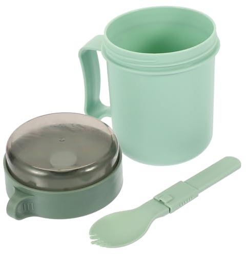 ARTSEWPLY Tasse de Petit-Déjeuner Micro-Ondes 500ml Couvercle et Cuillère | PP, Style Simple Vert, Étanche et Portable, pour Lait, Soupe ou Céréales au Quotidien