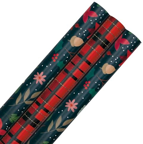 Hallmark Wrapping Paper Multipack, Floral & Tartan, 9M (3 x 3M), 3-Pack | Classic Christmas Patterns, Plastic Free and Fully Recyclable, Sturdy Premium Material, Red, Green and Gold Designs