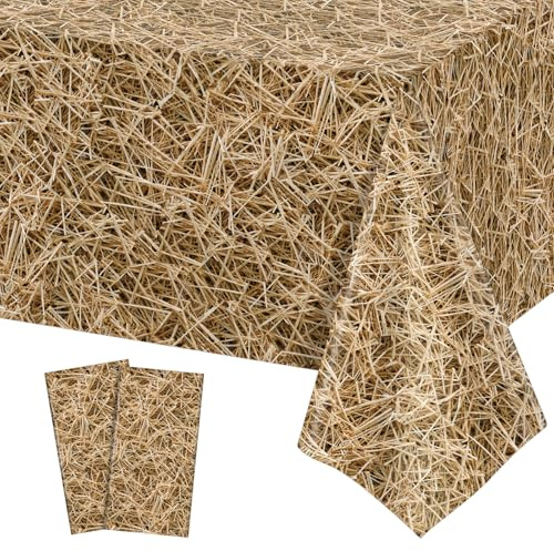 2Pack Straw Plastic Tablecloth, 137 X 274cm Disposable Farm Hay Tablecloths | Waterproof Rectangle Western Birthday Theme Table Cover for Cowboy Western Barn Birthday Baby Shower Party Supplies