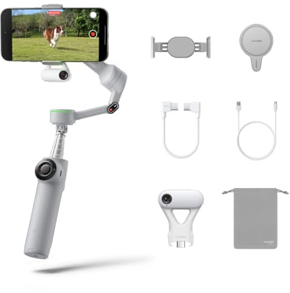 Insta360 Flow 2 Pro Gimbal Stabilisator för iPhone, Android, telefon gimbal med AI-spårning, fylljus, inbyggd selfiepinne och stativ, vlogging, resor, familj, sport – Ultimate AI Tracker Bundle grå