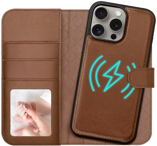 Verco Hülle für iPhone 15 Pro Case (2in1) abnehmbare magnetische Handyhülle, Kabelloses Laden, Kartenfach, RFID Schutzhülle Book Style, Braun
