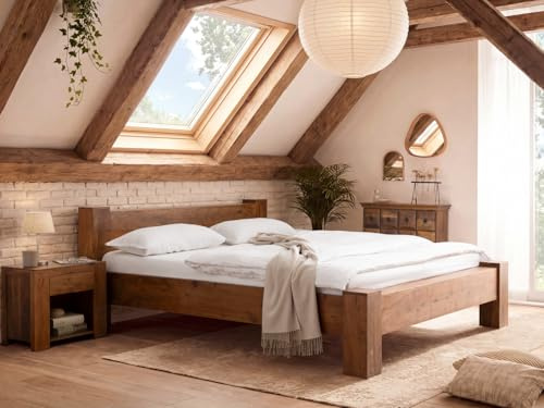 Woodkings Holzbett Osbon aus Akazienholz - Bettgestell im Massiv-Look mit niedrigem Kopfteil - Doppelbett Balkenbett - Schlafzimmer Möbel rustikal (180 x 200)