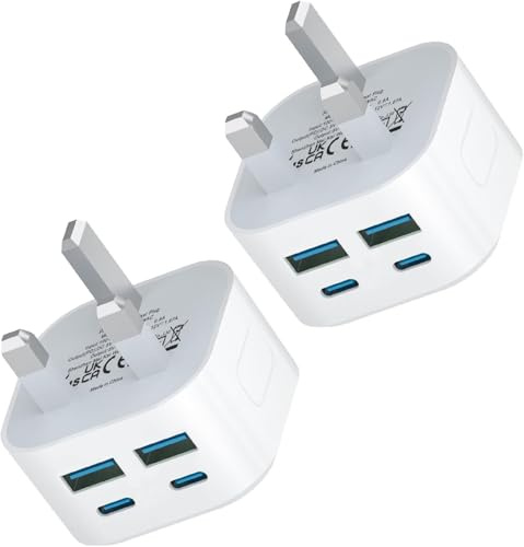 USB C Plug Fast Charge, 2Pack 40W 4-Port Multi USB Plug UK Dual Port PD Power Adapter +QC USBC Mains Wall Charger Head, Type C Fast Charging for iPhone 17/16/15/14/13/12 Pro Max Plus XS XR SE, iPad