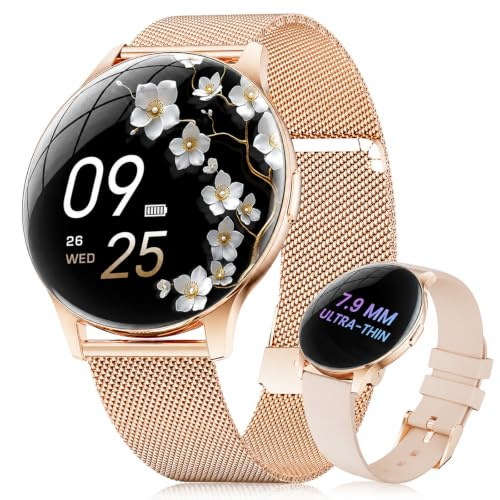 ESFOE Damen Smartwatch Ultradünn,1.43 AMOLED Smart Watch mit Bluetooth Anrufe,Uhr Damen Herren mit 120 Sportmodi Pulsuhr Schlafmonitor Schrittzähler, IP68 Fitnessuhr für iOS Android Roségold