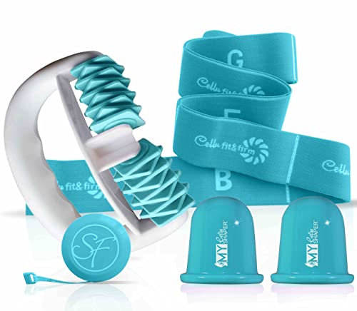 Stephanie Franck Beauty Cellulite Massage Set N°2 - enthält 1 My Body Shaper Massageroller, 2 My Cellu Shaper Silikon Cups (5,5 cm), und 1 Yoga Band - Für straffe Haut (Türkis)
