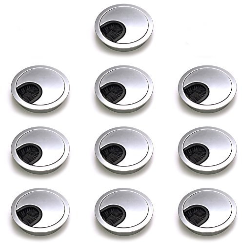 sossai® Kabeldurchführung/Kabeldurchlass/Schreibtischkanal mit Bürste für Schreibtische, Büro & Arbeitsplatten | 10 Stück | KDM1-AL | Design: Alu | Durchmesser: 60 mm | Material: Metall
