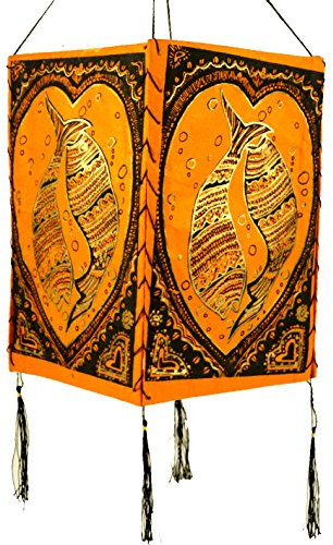 GURU SHOP Lokta Papier Hänge Lampenschirm, Deckenleuchte aus Handgeschöpftem Papier - Lucky Fish Orange, Lokta-Papier, 28x18x18 cm, Asiatische Lampenschirme aus Papier & Stoff