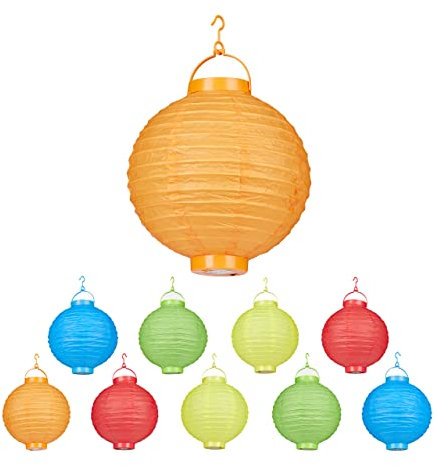 Relaxdays 100 x LED Lampions bunt, batteriebetrieben, Lampion Set für Draußen & Drinnen, zum Aufhängen, Papierlaterne Ø 20cm, farbig