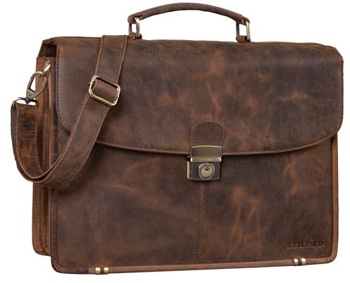 STILORD Miguel Klassische Leder Aktentasche Schwarz Herren große Businesstasche Arbeit Bürotasche mit Schloss zum Umhängen 15,6 Zoll Laptoptasche Farbe:Sepia - braun