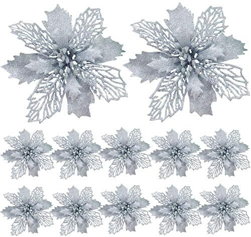 FUNNY HOUSE Christbaumschmuck Glitter Poinsettia 12 Stücke Weihnachtsschmuck Baumschmuck Künstliche Weihnachtsblumen Deko für Weihnachtsbaum Weihnachtskranz Ornamente (Silber)