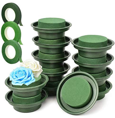Woohome 15 Pz Spugna per Composizioni Floreali, 12 Pz Spugna per Fiori, Schiuma di Fiori Rotonda Verde, 3 Pz Nastri Floreali Decorazione per Feste, Fiori per Navate Laterali