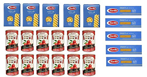 Testpaket Barilla italienisch Pasta ( 10 x 500g ) Fusilli - Spaghetti + Italian Gourmet Pelati dosen italienische geschälte Tomaten ( 12 x 400g )