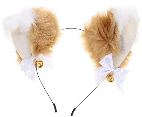 Lurrose Katzenohren Haarreif Plüsch Fuchs Ohren Stirnband Hellbraun Ohren mit Goldenen Glöckchen Katze Fuchs Wolf Anime Cosplay Haarschmuck Party Kostüm Kopfschmuck Zubehör Dekoration