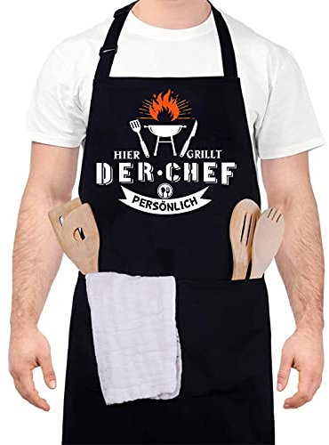 upain Grillschürze für Männer Lustig Kochschürze Küchenschürze Schwarz Schürze Grillen Baumwoll Verstellbarem Nackenband Zwei Fronttaschen Geschenk für Herren Papa Opa -HIER GRILLT DER CHRF PERSÖNLICH