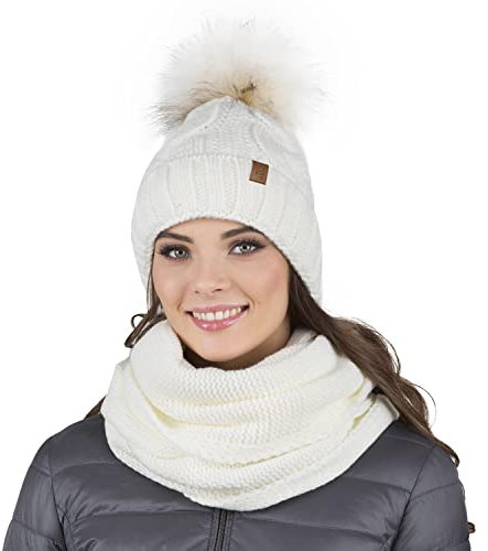VIVISENCE Trendiger Damen Winter Set Aus Bommelmütze Und Loop-Schal Aus Wärmendem Garn Mit Innenfutter Aus Vlies Perfekte Passform Für Kalte Wintertage Modisches Design, Ecru,Einheitsgröße