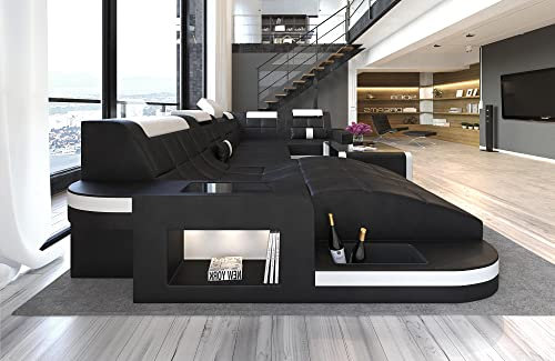 Wohnlandschaft Wave U Form Sofa in Leder - mit LED Beleuchtung, verstellbare Kopfstützen, Recamiere/Lederfarben wählbar/Ausrichtung wählbar (Ottomane Links, Schwarz-Weiß)
