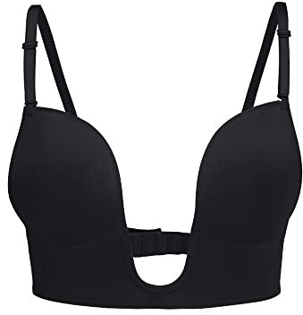 KOEMCY Women's Deep Plunge Bra Push Up Low Cut Sexy U Shaped Backless Wireless Bralette for Low Back Dress Wedding (Black,C)