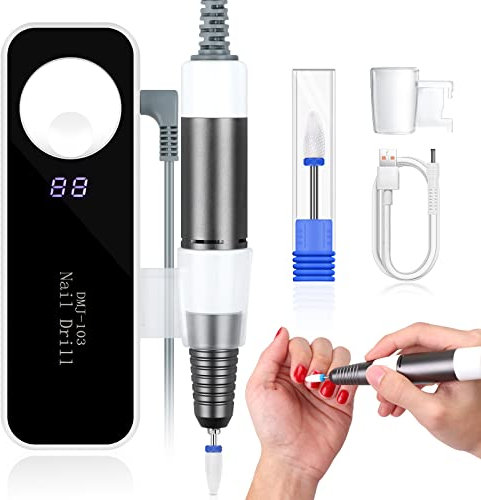 Saviland Electric Nail Drill 35000RPM High Speed Portable Nail Drill Machine Nail File with Ceramic Corn Bit USB Rechargeable for Acrylic Gel Nails Removal Manicure Pedicure Kit, White