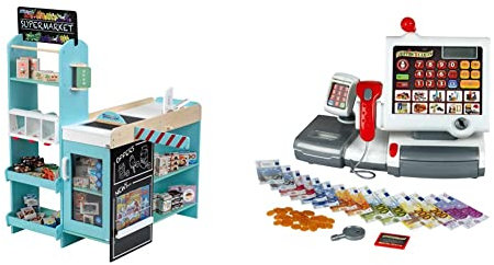 Theo Klein 9391 Supermarkt, Holz (MDF) I Moderner Kaufmannsladen & 9356 Spielzeug-Kasse | Mit Rechnerfunktion, Bezahlterminal, Scanner und Waage mit Licht- und Soundfunktion
