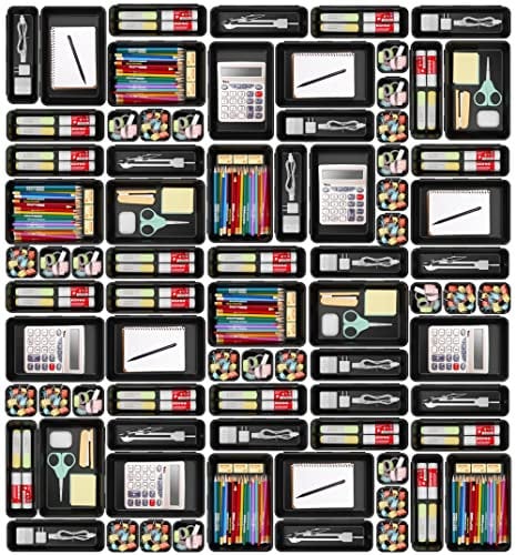 A-LuGei 42 organizadores de cajones de plástico, divisores de escritorio, bandejas de almacenamiento, cajas divisorias para maquillaje, joyas, dormitorio, baño, oficina y herramientas, negro