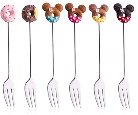 Gabeln Set Edelstahl, 6 Stück Gabeln Set, Donuts und Mickey Mouse Form Gabeln für Kinder, Lebensmittelqualität Edelstahl 6 Farben Langlebige Gabeln Dessert Obst Gabel zum Abendessen