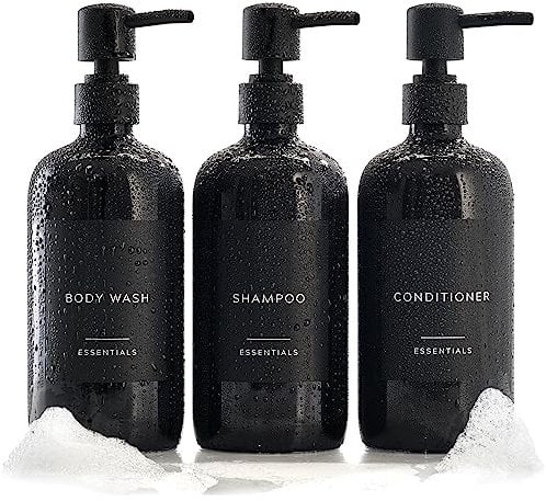 Elegante dispenser per shampoo e balsamo, set di 3 bottiglie di sapone da doccia moderne da 620 ml con pompa ed etichette, dispenser per bagnoschiuma facile da ricaricare per un aggiornamento