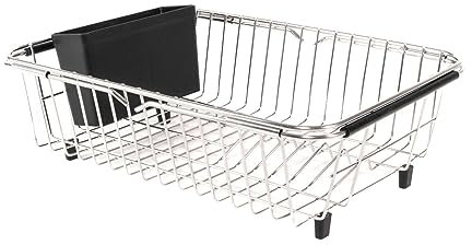 INTIRILIFE Escurridor de Platos con Porta Cubiertos de Acero Inoxidable en Color Plateado - 38-56.5 x 27.5 x 10.5 cm - Cesta de escurrido expandible para Fregadero, encimera