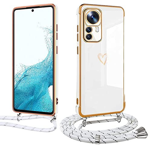 Handyhülle mit Band für Xiaomi Mi 12 Lite, Handykette Weich TPU Silikon Schutzhülle Kameraschutz Kratzfest Stoßfest Dünn Case Cover, Electroplated Cute Herz Mädchen Hülle,weiß