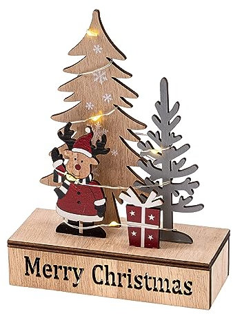 Bonetti LED Weihnachtsszenerie mit Weihnachtselch aus Holz mit warm-weißen Lichtern beleuchtet, teillackiert, ca. 12 x 5 x 16,2 cm, Moderne Weihnachtsdekoration
