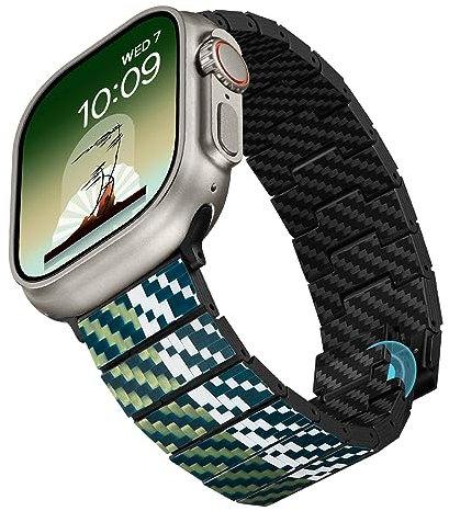pitaka Carbon Armband für Apple Watch 10/Ultra 2/Ultra/9/8/7/6/SE/5/4/3/2/1 aus Kohlefaser und Aramidfaser Uhrenarmband Universal Ersatzarmband mit Magnetischem Verschluss Minimalismus 49-38 mm Wind